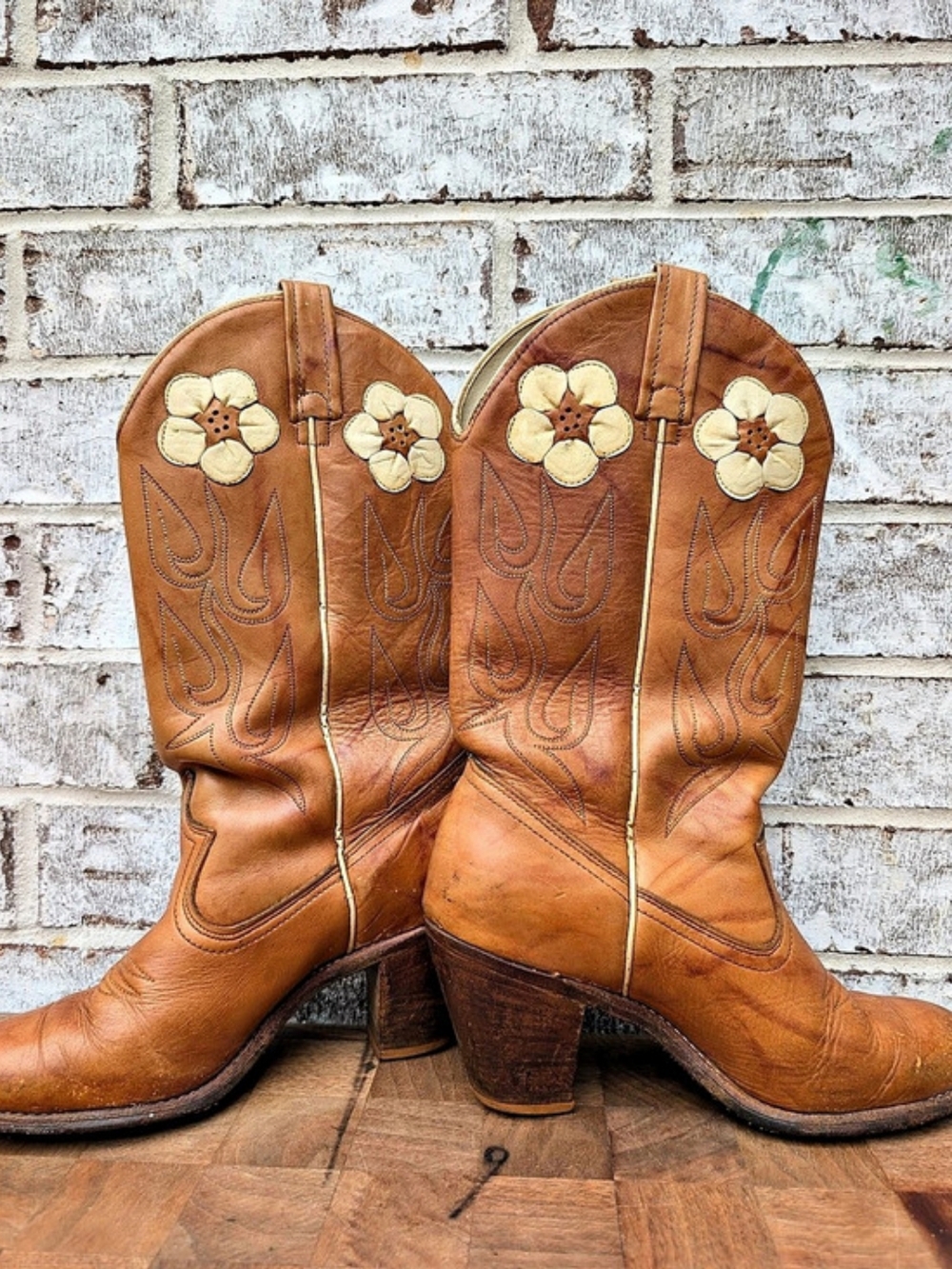 Vintage 1970s Acme Daisy Flower Western Heeled Boots Brown US 7.5 M